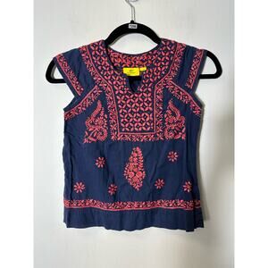 Roller Rabbit Navy Blue Top with Coral Pink Embroidery